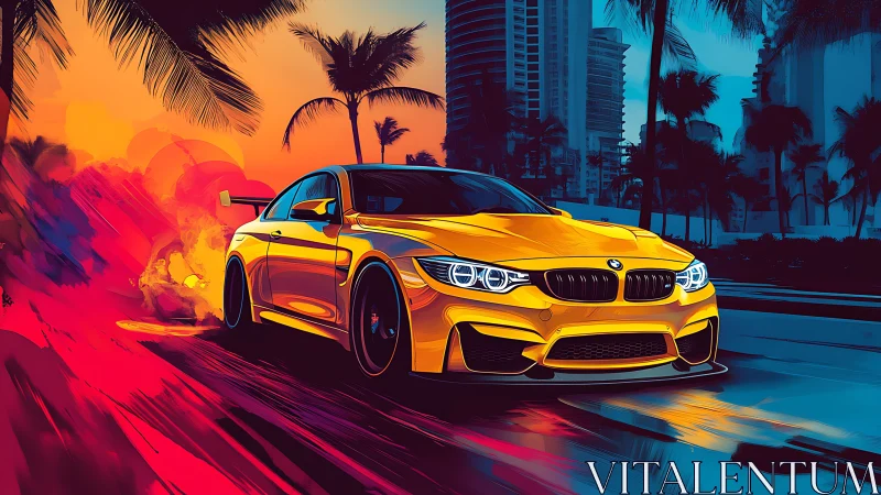 Golden sports car drifts through neon Miami sunset boulevard.