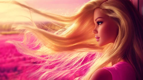 Windblown blonde portrait in saturated pink cinematic lighting