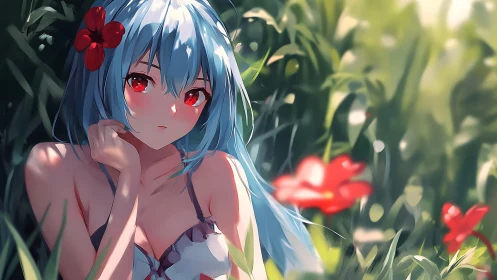 Blue-haired anime girl in floral garden under diffused sunlight