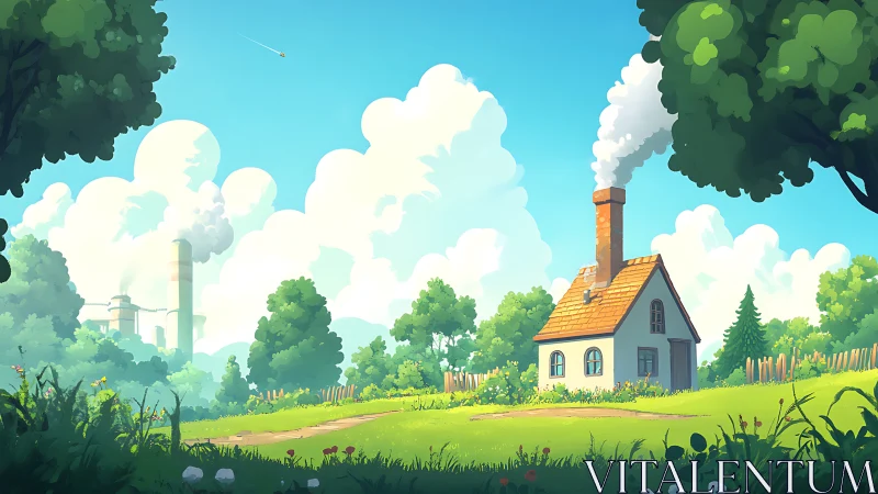Idyllic cottage landscape with distant industrial smokestacks