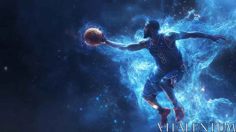 Cosmic basketball player drives through luminous nebula field