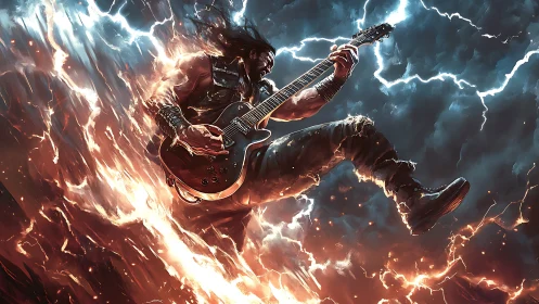 Electric guitarist suspended in stormlit inferno, rendered dynamically