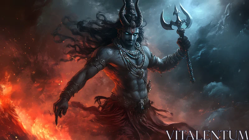 Storm god strides through fire and ice in fierce balance.