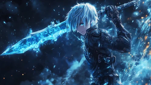Ice-blade anime warrior amid explosive blue battlefield.