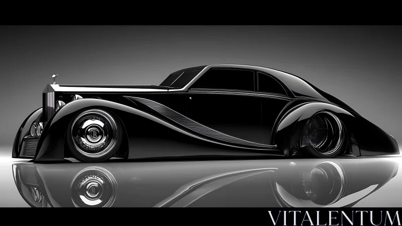 Streamlined black luxury coupe in high-gloss studio render.