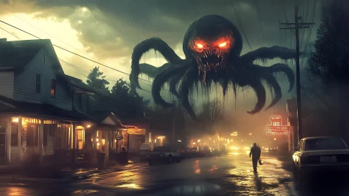 Colossal glowing-eyed eldritch entity dominates rainy main street