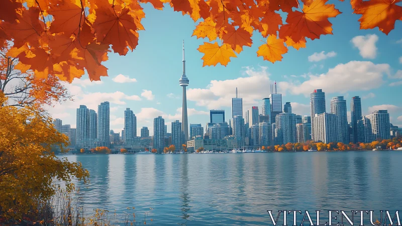 Toronto skyline framed by vivid autumn maple leaves.