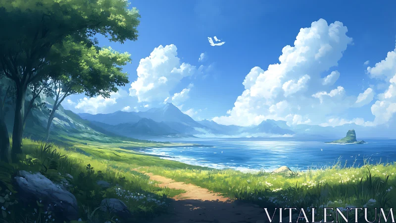 Coastal Mountain Valley with Turquoise Waters and Cumulus Sky.