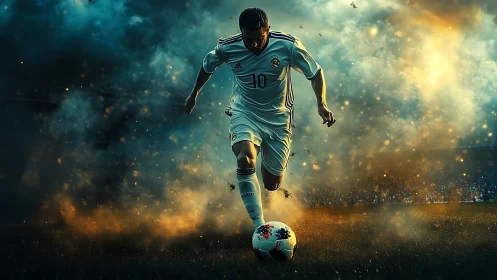 Soccer player charges through smoke toward glowing match ball