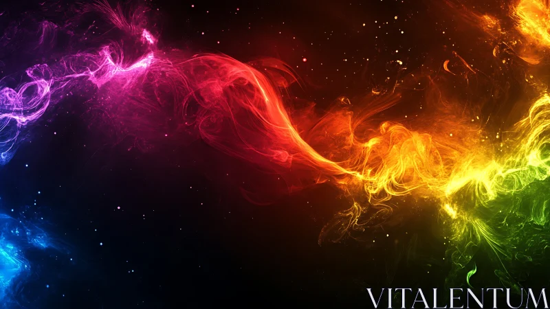 Multicolored light trails on dark cosmic style background.