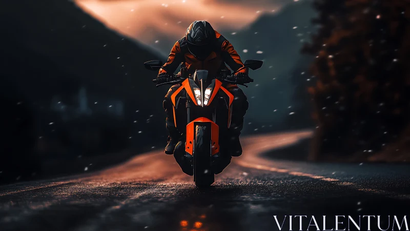 Midnight rider carves fire through a storm-lit mountain road.