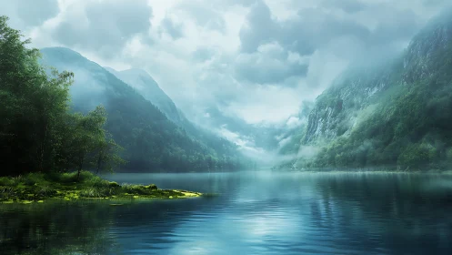 Misty mountain lake with calm water and dense green forest.