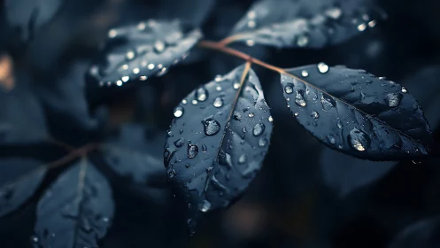 Dark wet leaves in close-up macro after recent rainfall.