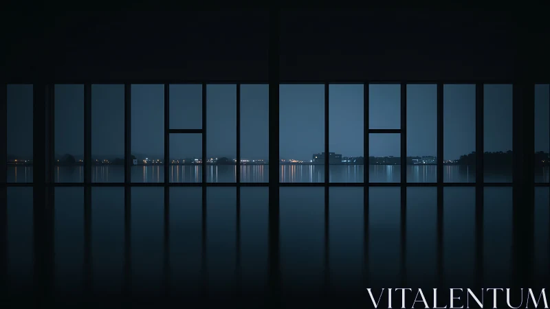 Glass wall frames tranquil blue harbor skyline at night.