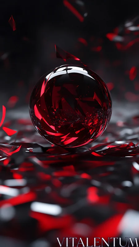 Crimson glass sphere amid floating shards in dark space.