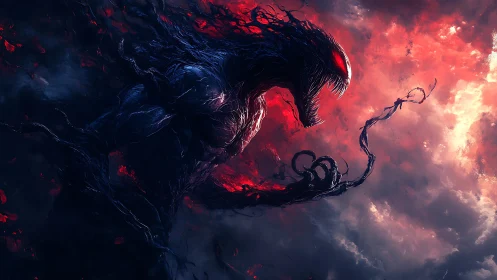 Demonic tendril creature against red storm sky scene.