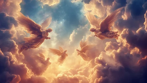 Winged robed figures suspended among dense lit clouds.