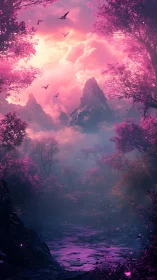 Iridescent magenta forest valley with misted peaks at sunset