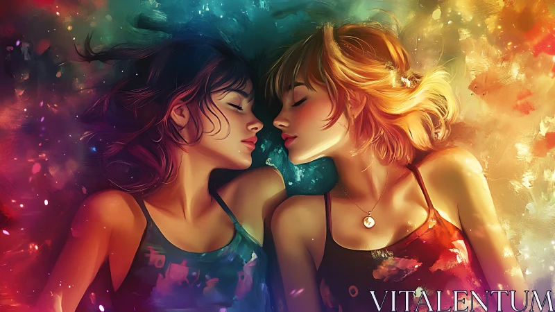 Two Women Embracing with Golden and Crimson Light.