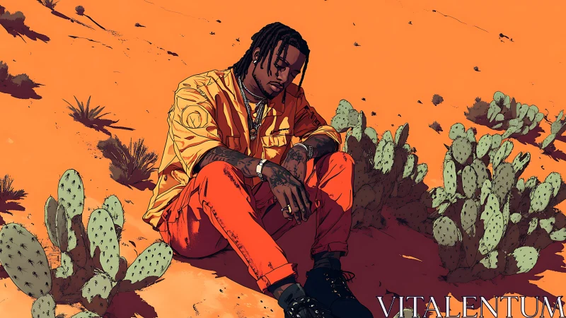 Seated figure in orange desert terrain with surrounding cacti