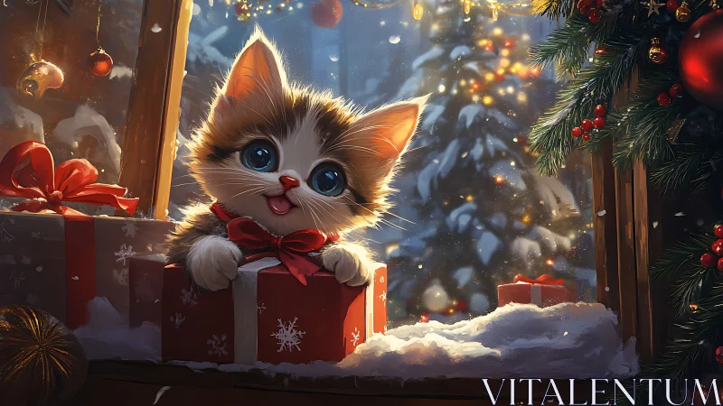 Festive feliform neonate emerging from gift-box aperture.