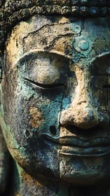 Weathered stone Buddha face with close-up surface detail.