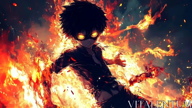 Pyrokinetic anime boy engulfed in dynamic volumetric flames