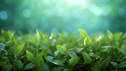 Sunlit green leaves with dreamy bokeh backdrop.