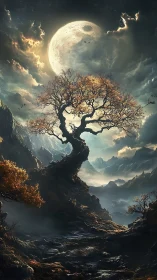 Twisted lone tree under huge moon in dramatic mountainscape.