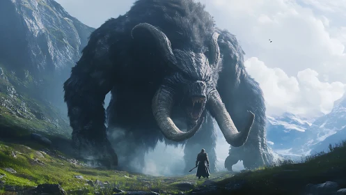 Colossal tundra beast confronting lone warrior in valley.