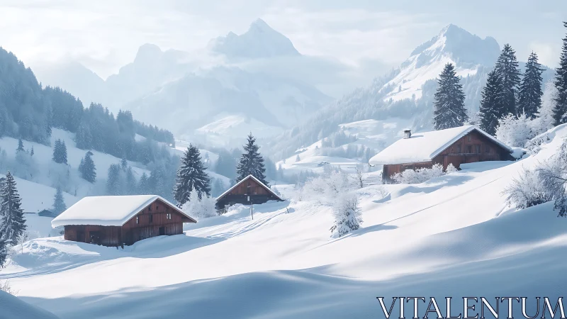 Snow-covered alpine cabins in mountainous winter landscape.