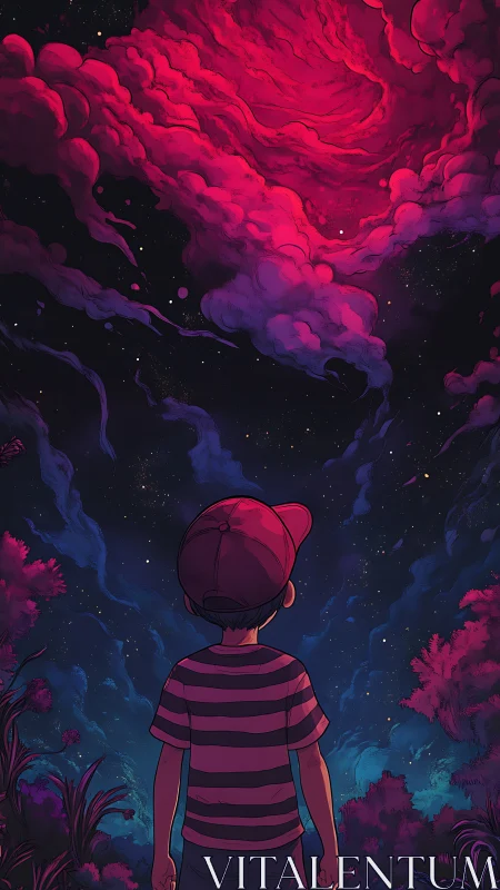Young stargazer watches a swirling pink cosmic storm overhead