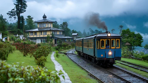 Vintage blue hill train rolls past misty tea country lodge