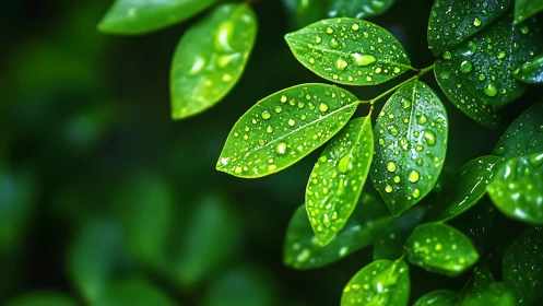 Green leaves with fresh water droplets after rainfall.