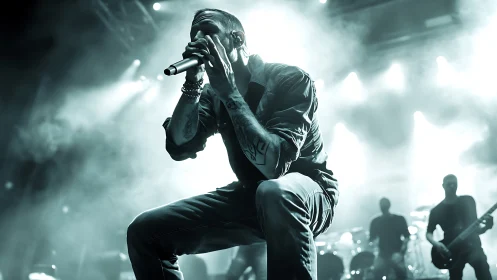 Stormlit frontman roars under neon haze on live stage.