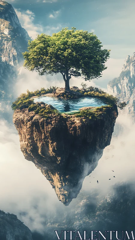 Skyroot island and mirrored pool drifting above clouds.