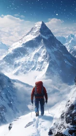 Solitary alpine mountaineer approaching steep icy pyramid peak