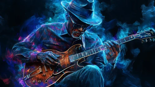 Neon-lit blues guitarist with semi-hollow electric in vivid strokes