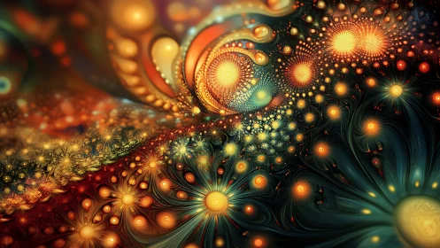 Fractal luminescent vortex with radial floral energy clusters.