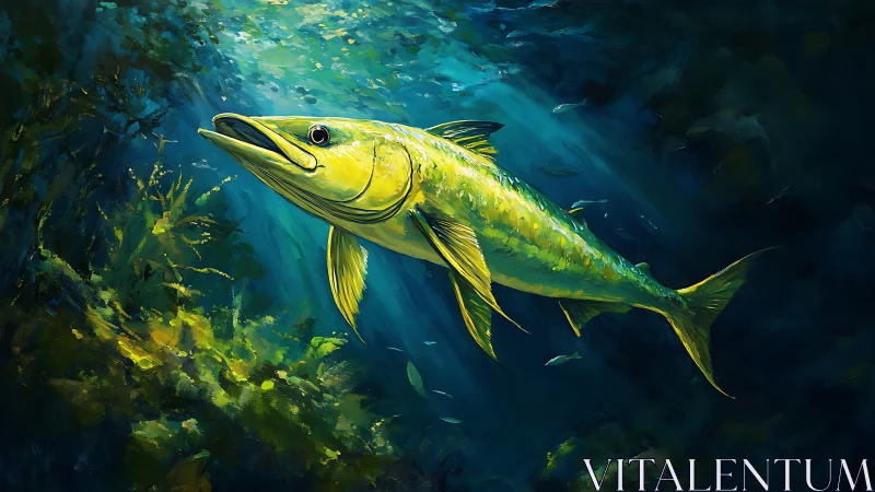 Luminous reef barracuda gliding through teal twilight seas.