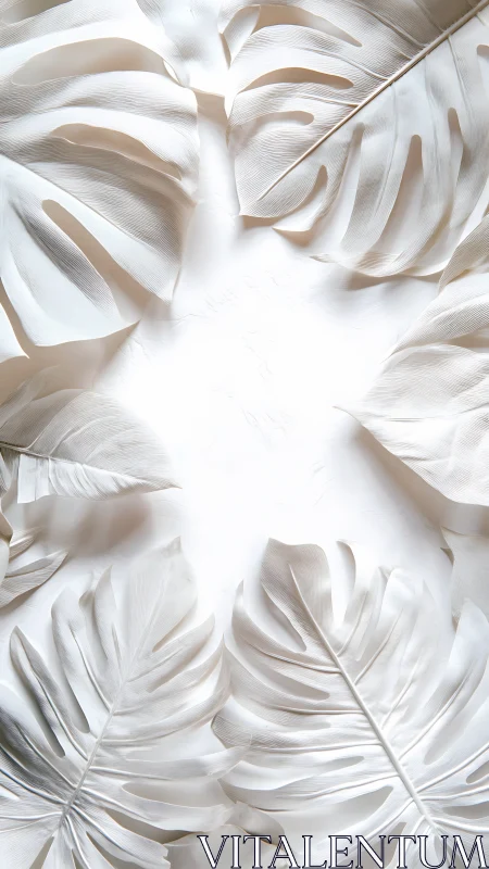 Monochrome monstera foliage forming radial negative space frame.