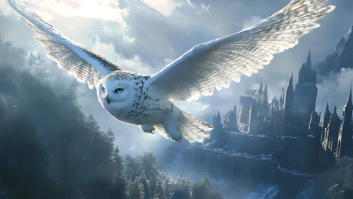 Snowy owl in flight over misty forest and castle landscape.