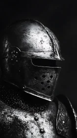 Weathered knight’s helmet glowing softly in the dark.