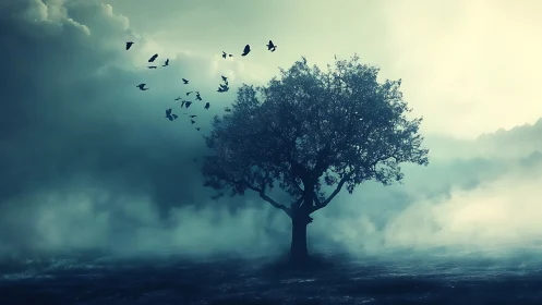 Solitary tree stands in misty twilight as dark birds rise