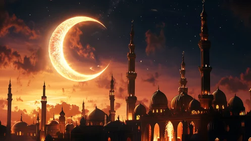 Glowing crescent moon watching over a twilight skyline.