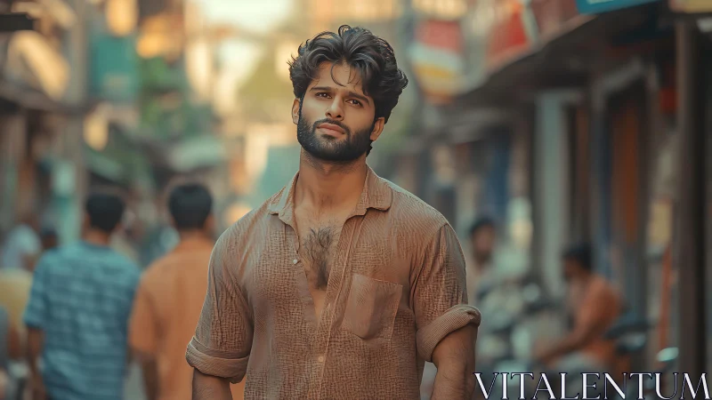 Pensive man walking through warm-toned urban street scene.