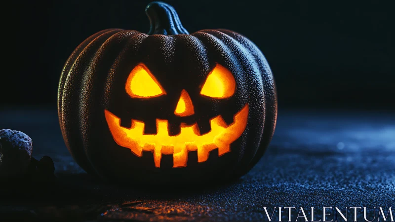 Glowing jack-o’-lantern grins in eerie Halloween darkness.