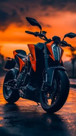 Fiery orange sport motorcycle on wet sunset street.