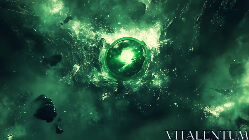 Emerald energy core pulsing within fractured cosmic vortex