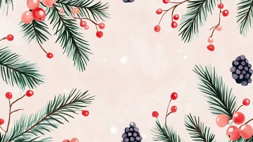 Winter botanical pattern arranges evergreen sprigs and berries
